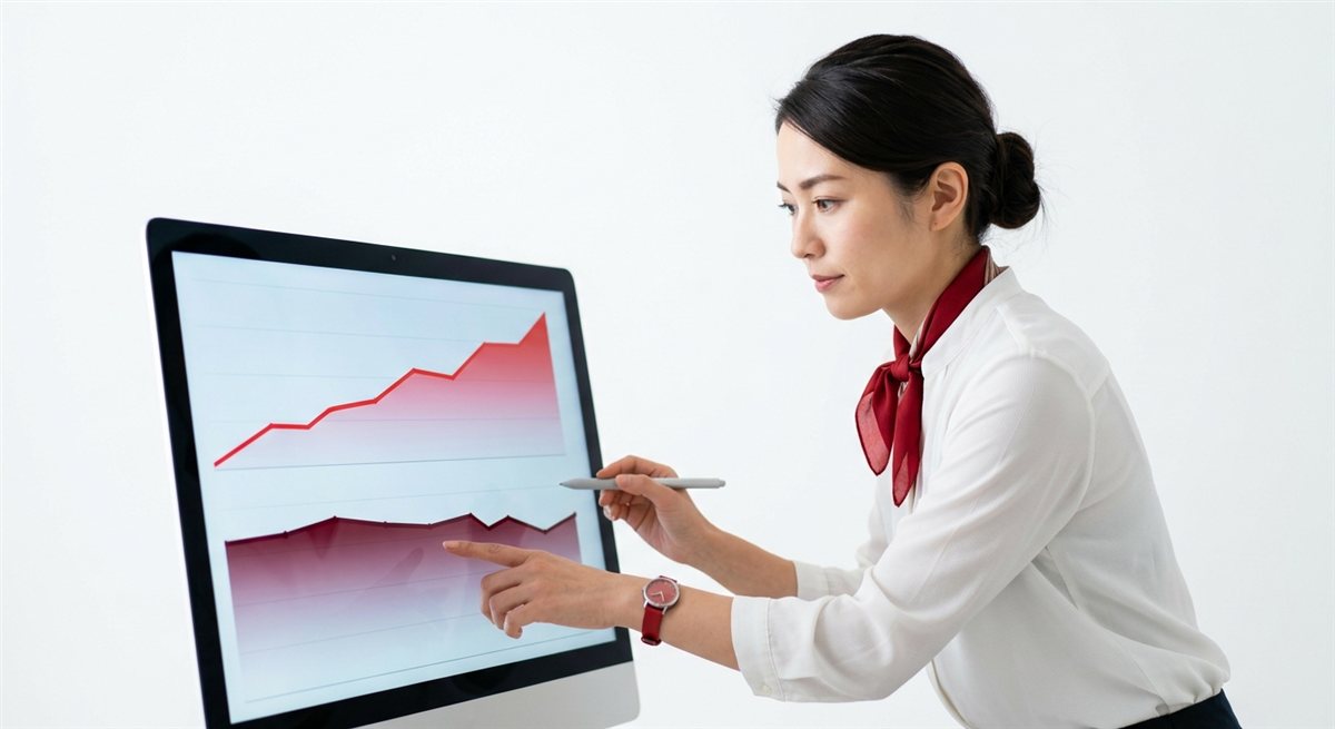 伸びていく成果グラフを指し示すビジネスパーソン（アフィリエイト報酬のイメージ）