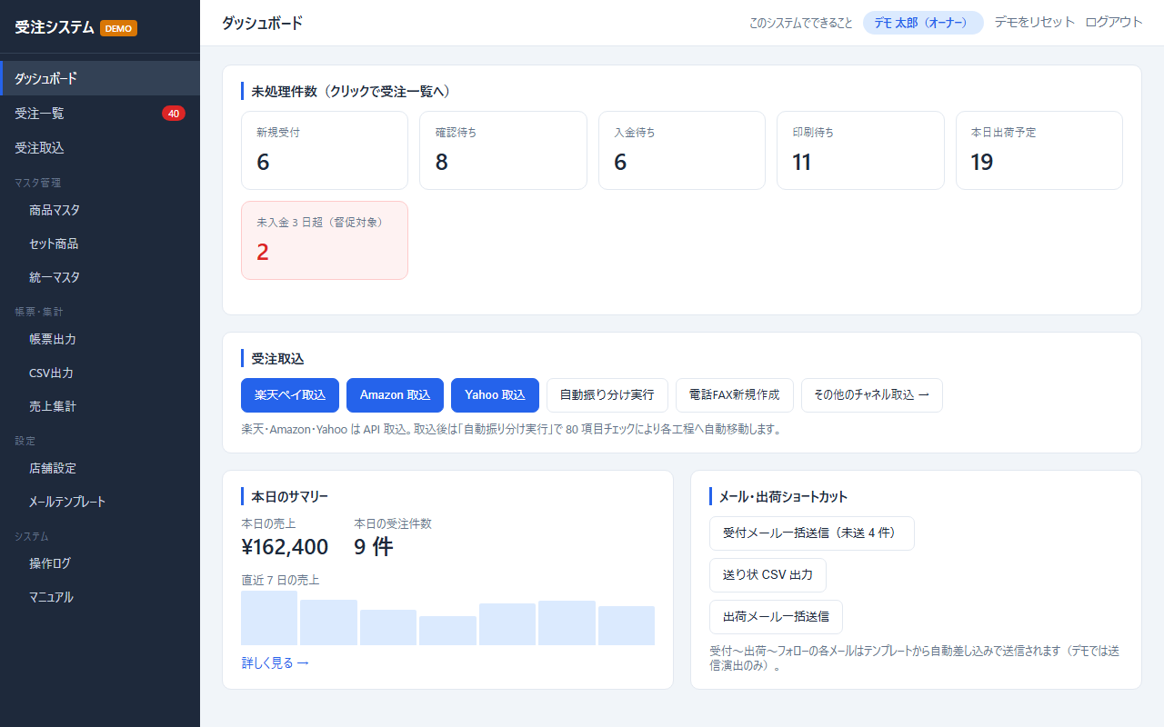 受注管理システム デモ画面（ダッシュボード）